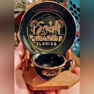 Vintage Florida Miniatre Souvenir Black and Gold Mini Cup and Saucer